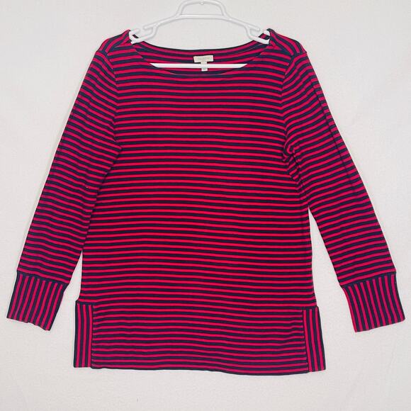 Talbots Sweater Womens Medium Red Navy Blue Striped Boat Neck Knit Top Pullover - Picture 1 of 12
